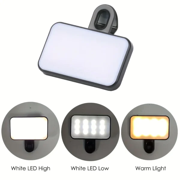 Mini Rechargeable Selfie Fill Light - 3 Color Modes, Adjustable Brightness, Clip-on LED Light for Mobile Phones & Computers - Image 4