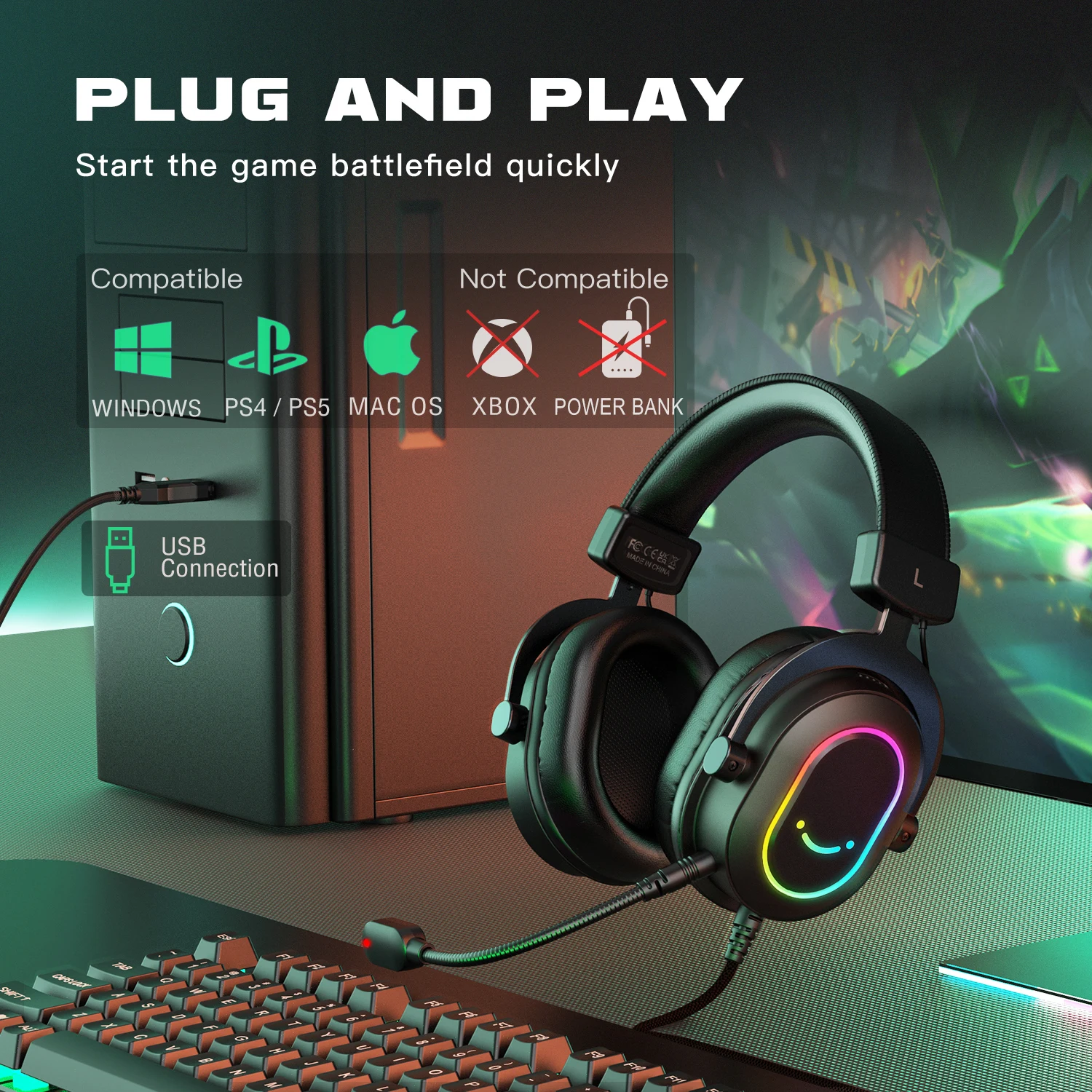 Fifine Dynamic RGB Gaming Headset with Mic Over-Ear Headphones 7.1 Surround Sound PC PS4 PS5 3 EQ Options Game Movie Music - Image 6