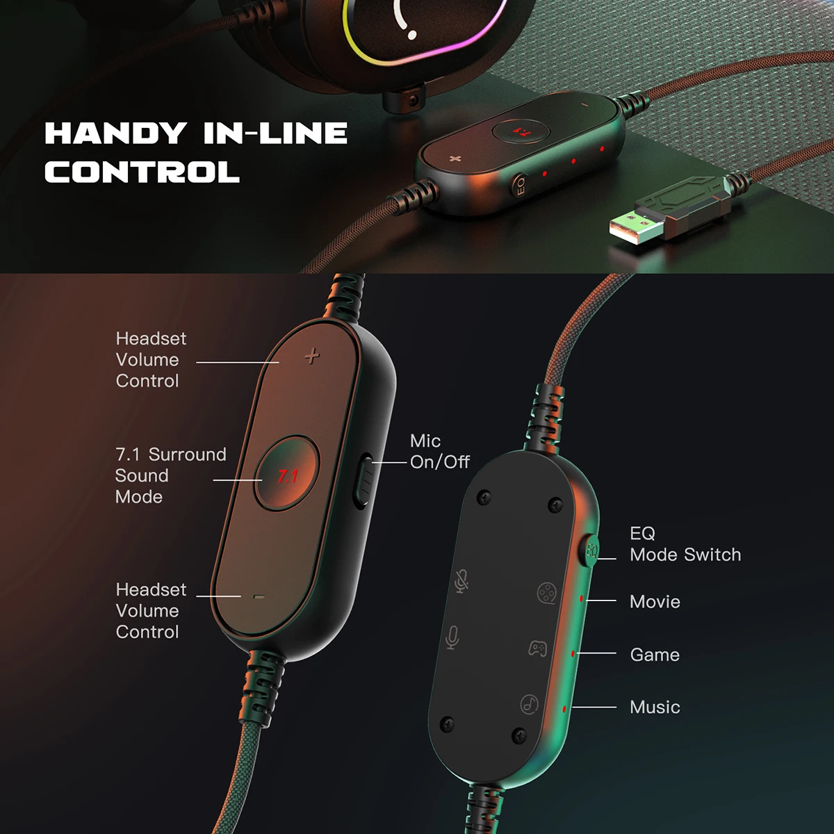 Fifine Dynamic RGB Gaming Headset with Mic Over-Ear Headphones 7.1 Surround Sound PC PS4 PS5 3 EQ Options Game Movie Music - Image 5