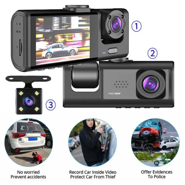 Dash Cam W/ IR Night Vision Loop Recording & 2" IPS Screen 1080P 3 Camera ， DVR recorder, video recorder, Vehicle DVR - Image 3