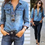 Women Fashion Blue Denim Shirts Women Girls Autumn Casual Long Sleeve Solid Blue Two Pockets Cotton Blend Tops 2025 New