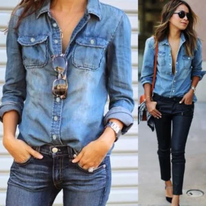 Women Fashion Blue Denim Shirts Women Girls Autumn Casual Long Sleeve Solid Blue Two Pockets Cotton Blend Tops 2025 New