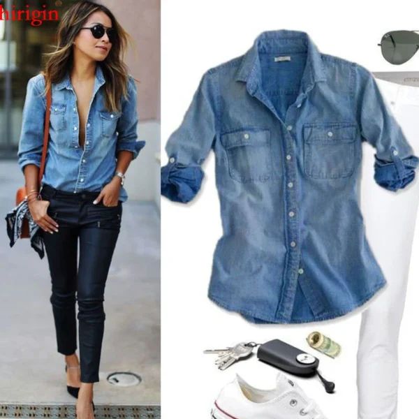 Women Fashion Blue Denim Shirts Women Girls Autumn Casual Long Sleeve Solid Blue Two Pockets Cotton Blend Tops 2025 New - Image 2