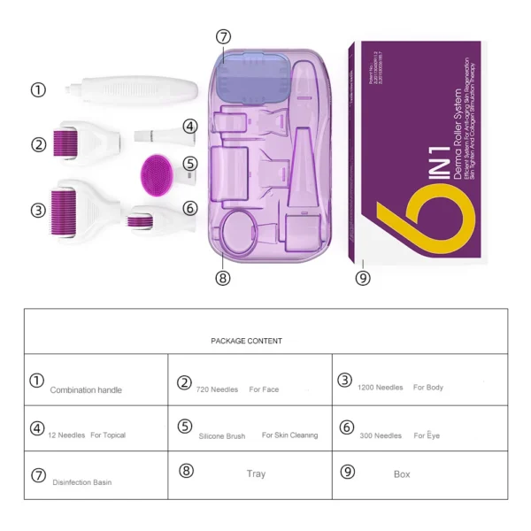 6 in 1 Microneedle Derma Roller Kit for Face and Body 300/720/1200 Titanium Dermaroller Micro Needle Facial Roller Skin Care - Image 4