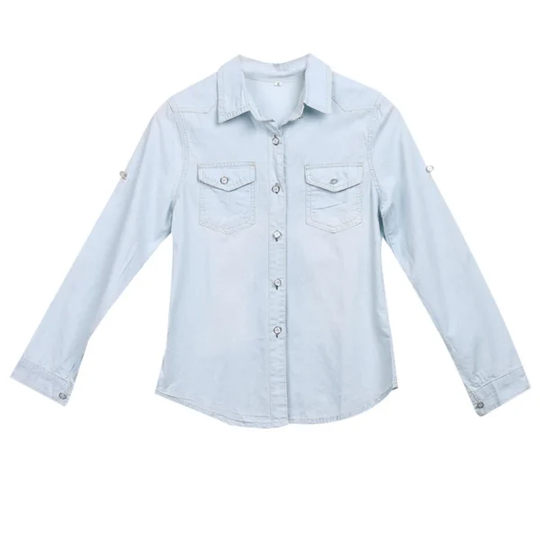 Women Fashion Blue Denim Shirts Women Girls Autumn Casual Long Sleeve Solid Blue Two Pockets Cotton Blend Tops 2025 New - Image 4