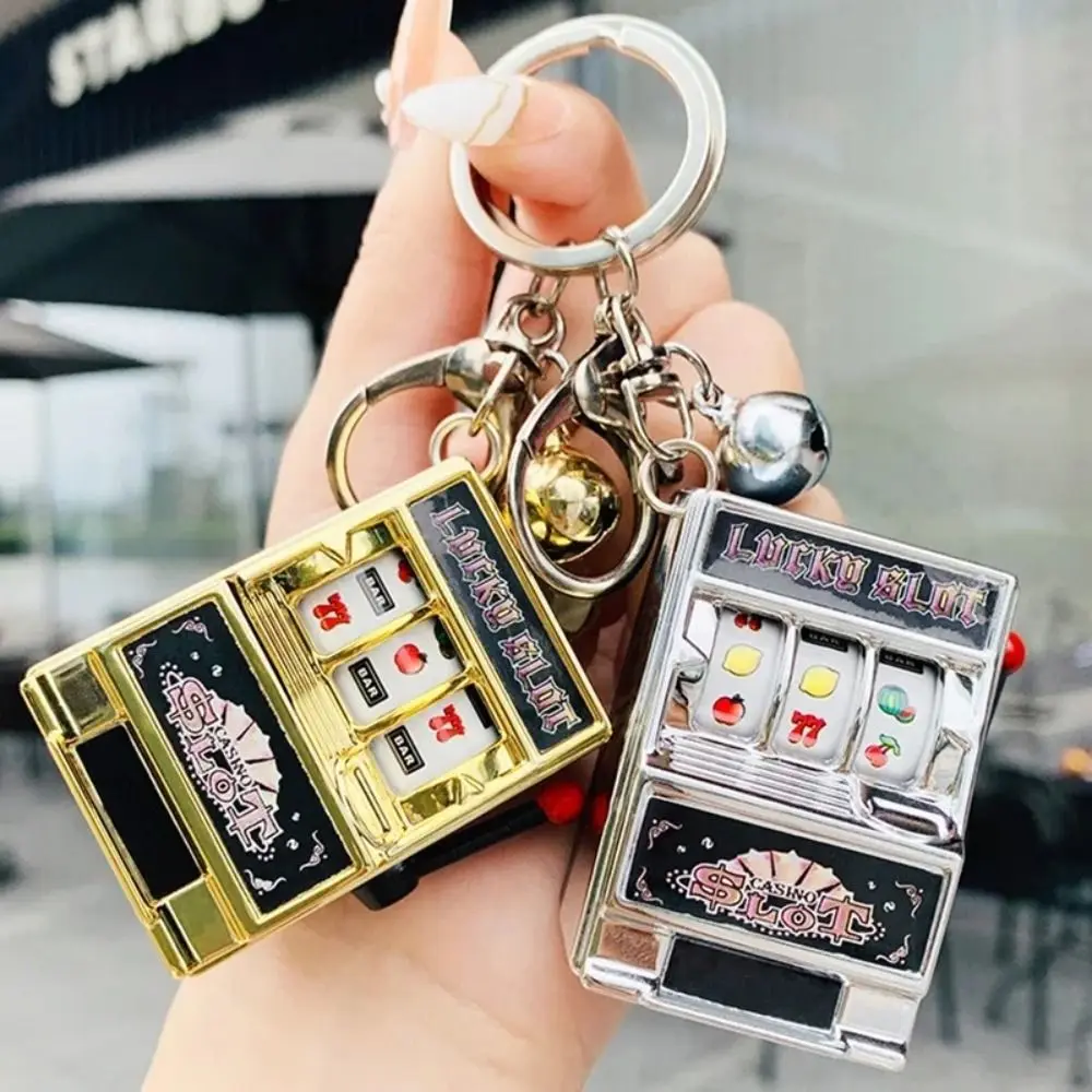 Cartoon Stress Reliever Keychains Coin Operated Games Toy Fruit Slot Machine Mini Lucky Jackpot Kids Adult