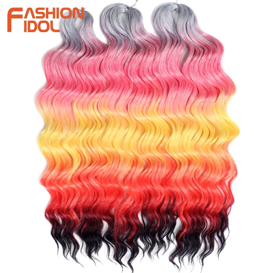 FASHION IDOL 24Inch Crochet Hair Synthetic Water Wave Braiding Hair Extensions Ombre Rainbow color Fake Hair Deep Wave Curl Hair - Image 4