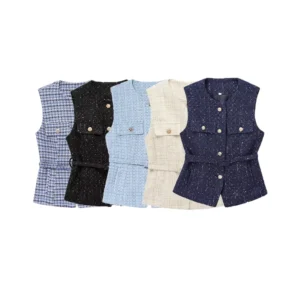 TRZA-Women's Tweed Waistcoat with Belt, O Neck, Sleeveless, Front Button, Female Outerwear, Chic Tops, Fashion