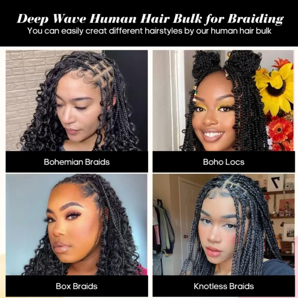 2 Bundles Human Braiding Hair for Boho Braids, 14Inch 100G 10A Brazilian Virgin Deep Wave Bulk Human Hair for Braiding - Image 5