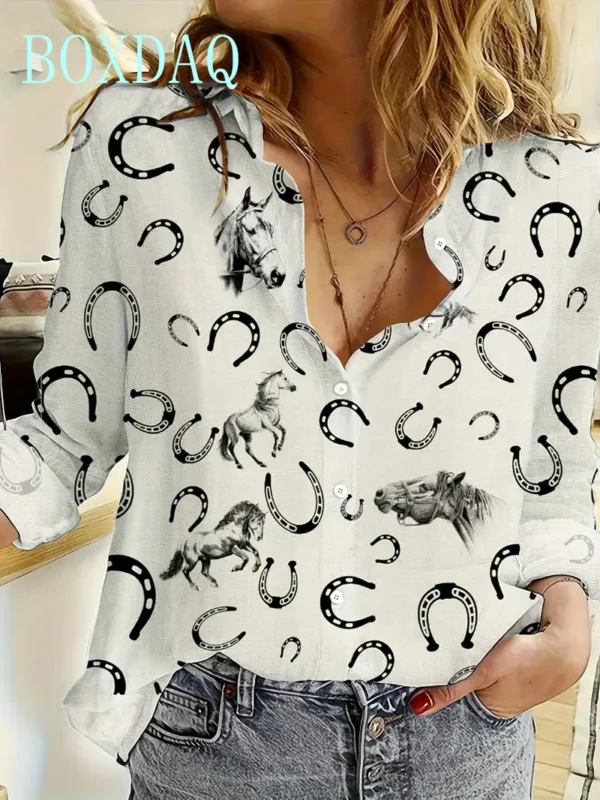 Women Fashion Print Long Sleeve Shirts Cute Animals Horse Print Blouses Tops Spring Summer 2025 Streetwear Clothing Casual Shirt - Image 2