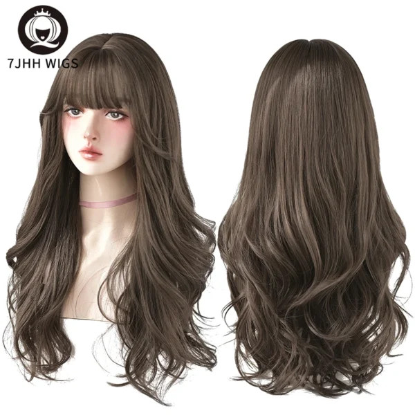 7JHH WIGS Popular Brown Ash Long Deep Wave Hair Lolita Wigs With Bangs Synthetic Wig For Women Fashion Thick Curls Wigs Girl - Image 2
