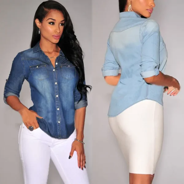 Women Fashion Blue Denim Shirts Women Girls Autumn Casual Long Sleeve Solid Blue Two Pockets Cotton Blend Tops 2025 New - Image 3