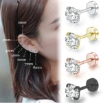XUBCHC Stainless Steel Round Cubic Zirconia Ear Piercing For Women Men CZ Shiny Silver Color Stud Earrings Black Body Jewelry