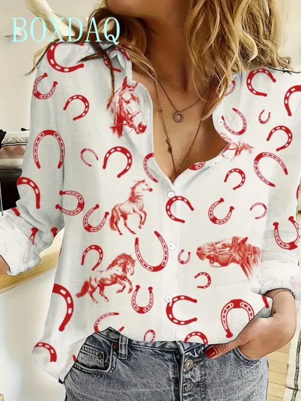 Women Fashion Print Long Sleeve Shirts Cute Animals Horse Print Blouses Tops Spring Summer 2025 Streetwear Clothing Casual Shirt - Image 3