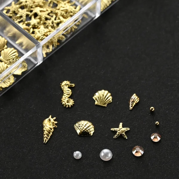 12Grids Ocean Gold Nail Art Charms Shell/Seahorse/Starfish White Half Round Pearl Gems 3D Mixed Punk Manicure Metal Rivets Studs - Image 5