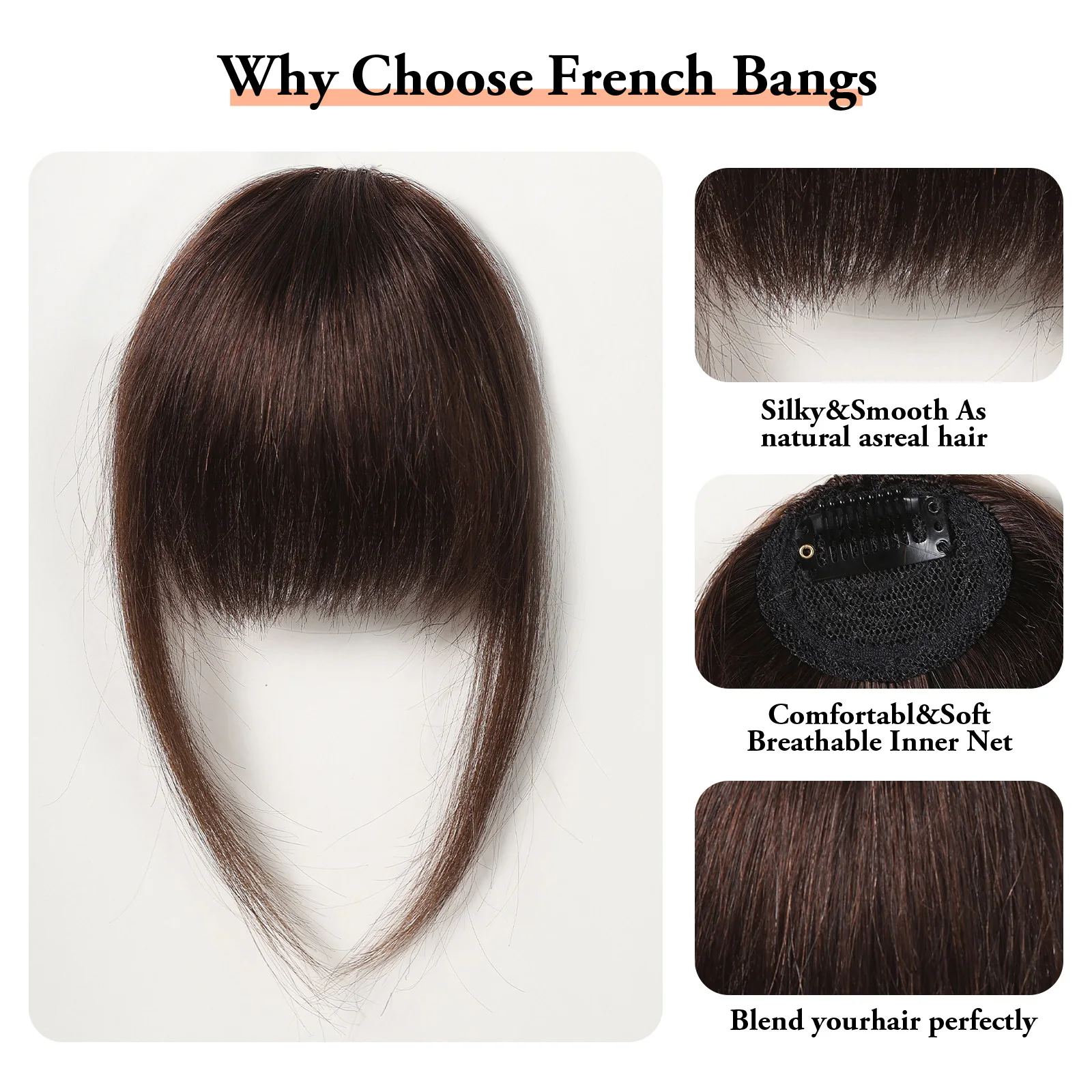 100% Human Hair Bangs Natural Brown Wispy Bang Hair Clip in Bangs Fringe with Temples Hairpiece for Women Clip on Air Bang 4.5in - Image 5