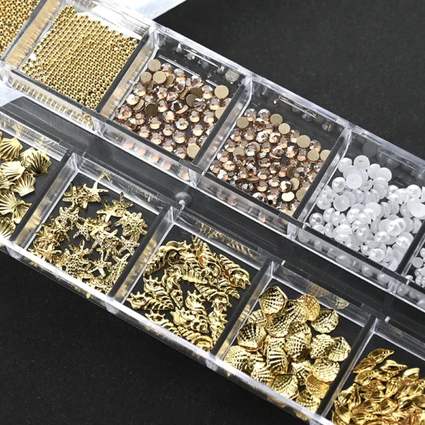12Grids Ocean Gold Nail Art Charms Shell/Seahorse/Starfish White Half Round Pearl Gems 3D Mixed Punk Manicure Metal Rivets Studs - Image 4