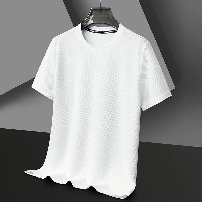 Men's New Summer Waffle round Neck Short Sleeve T-Shirt Comfortable Breathable Short-Sleeved Top for Casual Wear - Image 5