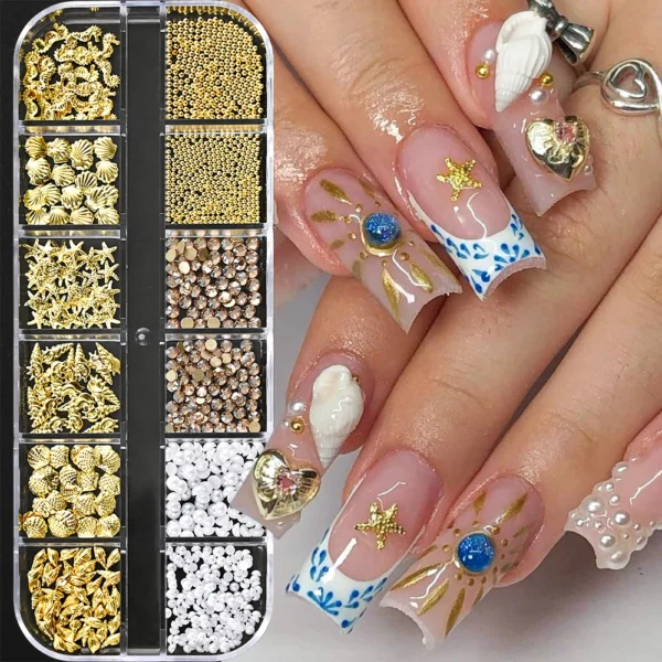 12Grids Ocean Gold Nail Art Charms Shell/Seahorse/Starfish White Half Round Pearl Gems 3D Mixed Punk Manicure Metal Rivets Studs - Image 3