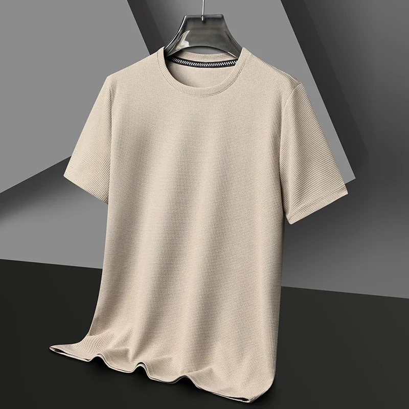 Men's New Summer Waffle round Neck Short Sleeve T-Shirt Comfortable Breathable Short-Sleeved Top for Casual Wear - Image 3