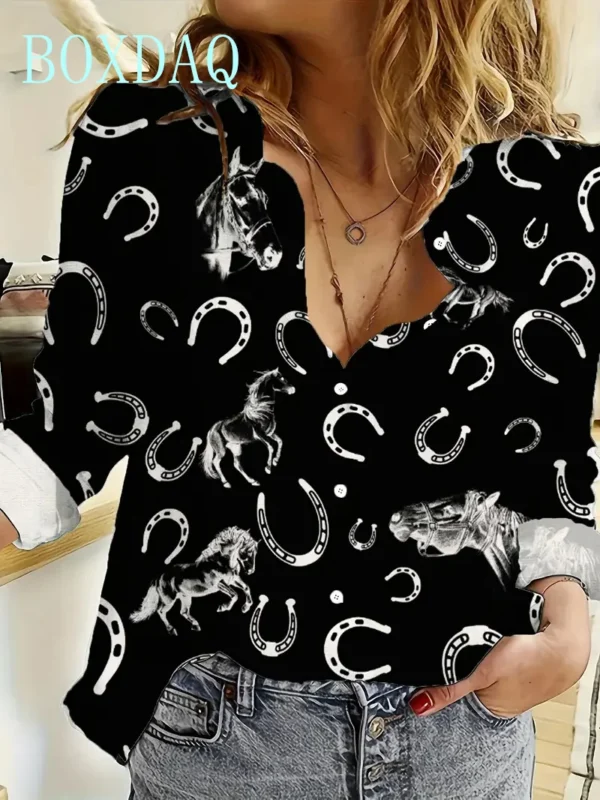 Women Fashion Print Long Sleeve Shirts Cute Animals Horse Print Blouses Tops Spring Summer 2025 Streetwear Clothing Casual Shirt - Image 6