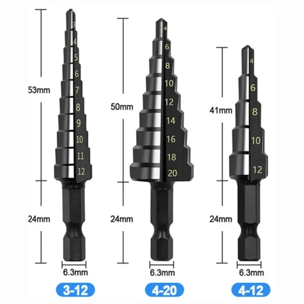 3Pcs HSS Straight Groove Step Drill Bit 3-12mm 4-12mm 4-20mm Nitride Black Hex Wood Metal Hole Cutter Core Drilling Tools Set - Image 6