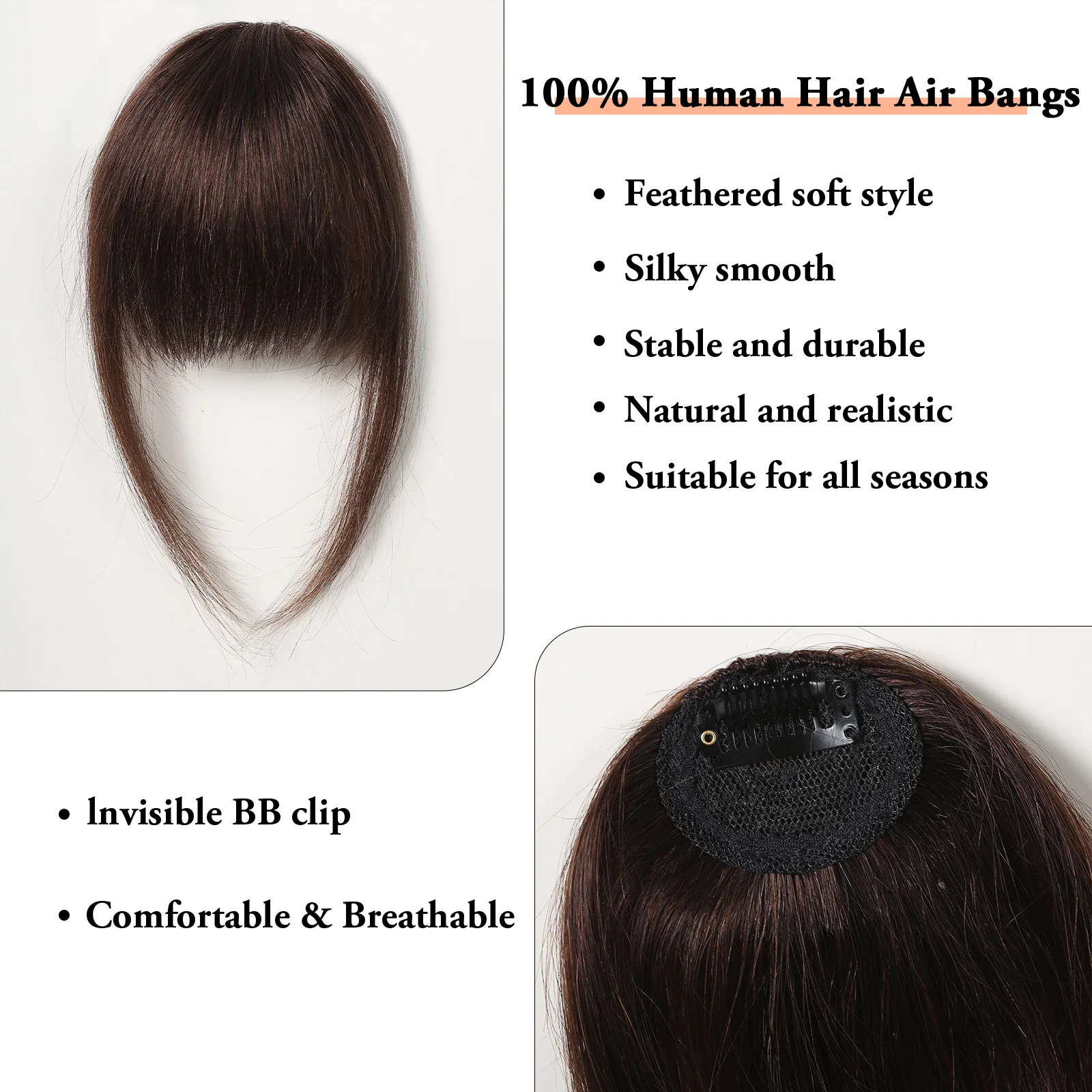 100% Human Hair Bangs Natural Brown Wispy Bang Hair Clip in Bangs Fringe with Temples Hairpiece for Women Clip on Air Bang 4.5in - Image 2