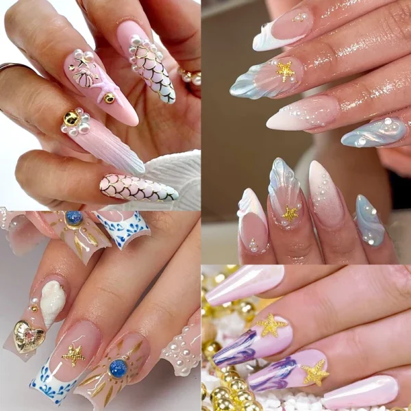 12Grids Ocean Gold Nail Art Charms Shell/Seahorse/Starfish White Half Round Pearl Gems 3D Mixed Punk Manicure Metal Rivets Studs - Image 2