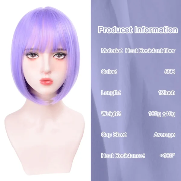 Short, light purple bob hairstyle synthetic wig for Halloween party cosplay wig, daily high-temperature hair accessory wig set - Image 3