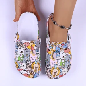 Women Flat Indoor Slippers Printing Soft EVA Soles Adjustable Strap Easy-On Nurse Shoes Comfortable Work Clog Shoes For Women