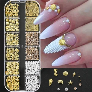 12Grids Ocean Gold Nail Art Charms Shell/Seahorse/Starfish White Half Round Pearl Gems 3D Mixed Punk Manicure Metal Rivets Studs