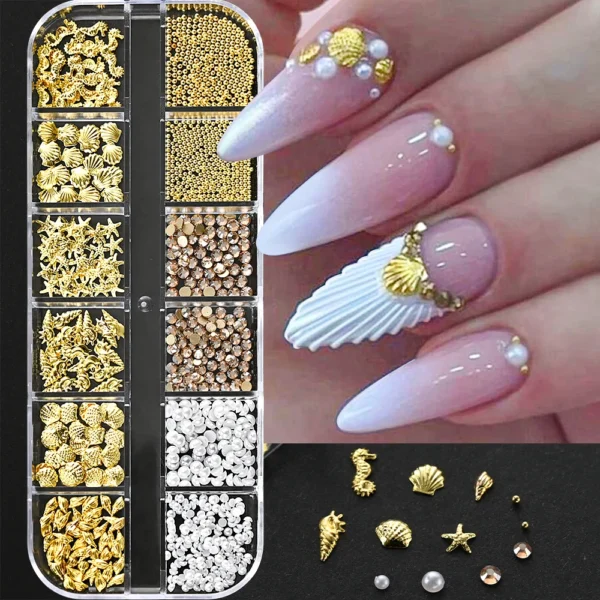 12Grids Ocean Gold Nail Art Charms Shell/Seahorse/Starfish White Half Round Pearl Gems 3D Mixed Punk Manicure Metal Rivets Studs