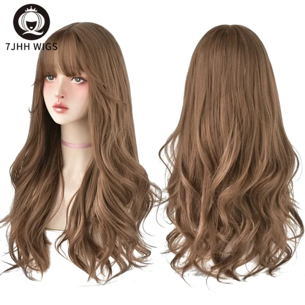 7JHH WIGS Popular Brown Ash Long Deep Wave Hair Lolita Wigs With Bangs Synthetic Wig For Women Fashion Thick Curls Wigs Girl - Image 3