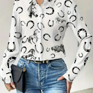 Women Fashion Print Long Sleeve Shirts Cute Animals Horse Print Blouses Tops Spring Summer 2025 Streetwear Clothing Casual Shirt