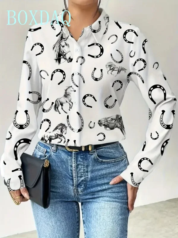 Women Fashion Print Long Sleeve Shirts Cute Animals Horse Print Blouses Tops Spring Summer 2025 Streetwear Clothing Casual Shirt
