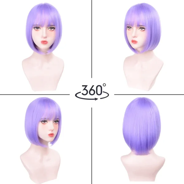 Short, light purple bob hairstyle synthetic wig for Halloween party cosplay wig, daily high-temperature hair accessory wig set - Image 2