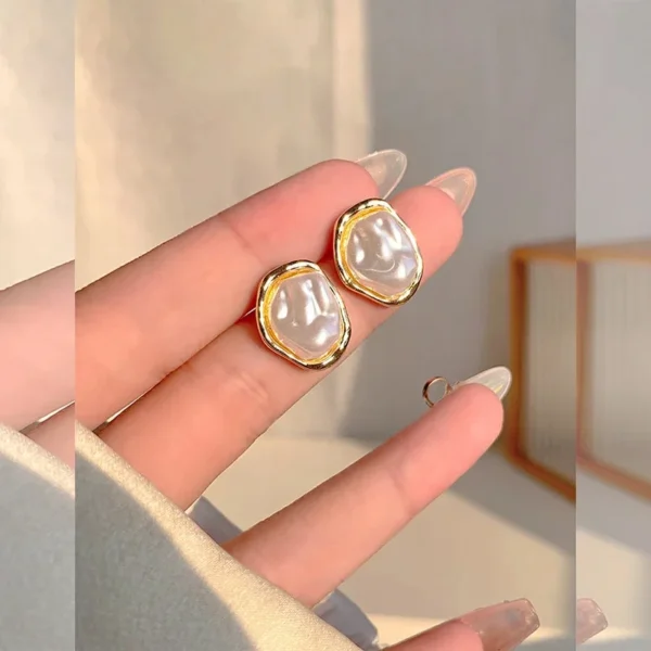 Geometric Irregular Round Metal Pearl Earrings for Women 2024 Minimalist Style Personality Earrings Trendy Jewelry Gift - Image 6