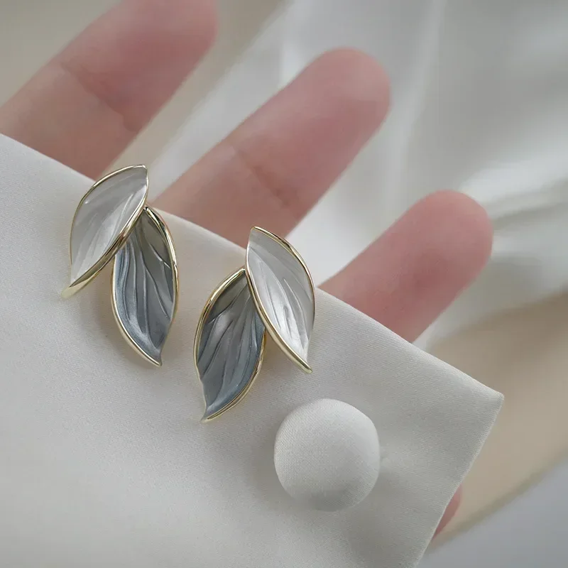 LATS New Korean Arrival Metal Trendy Fresh Lovely Sweet Grey Leaf Stud Earrings for Women 2024 Fashion Jewelry Gifts - Image 3