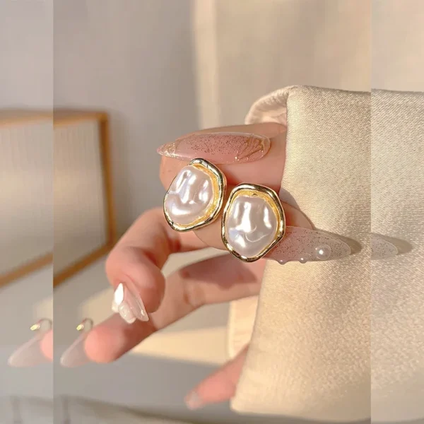 Geometric Irregular Round Metal Pearl Earrings for Women 2024 Minimalist Style Personality Earrings Trendy Jewelry Gift - Image 5