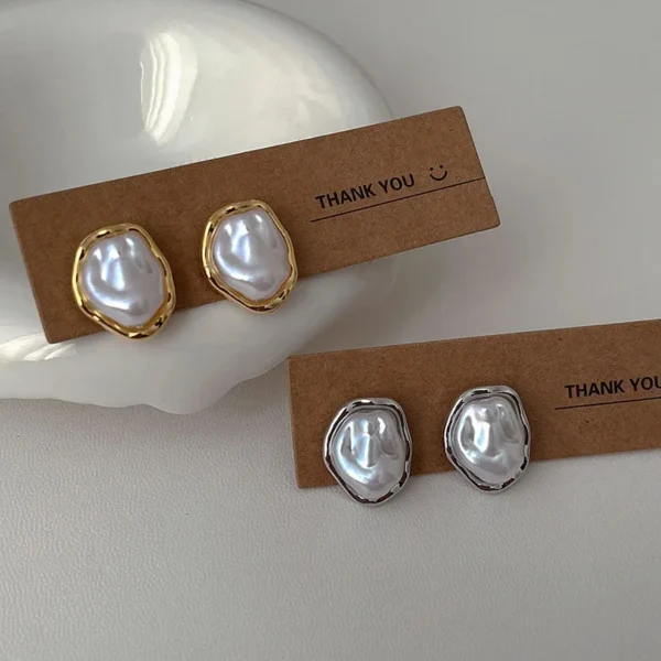 Geometric Irregular Round Metal Pearl Earrings for Women 2024 Minimalist Style Personality Earrings Trendy Jewelry Gift - Image 3