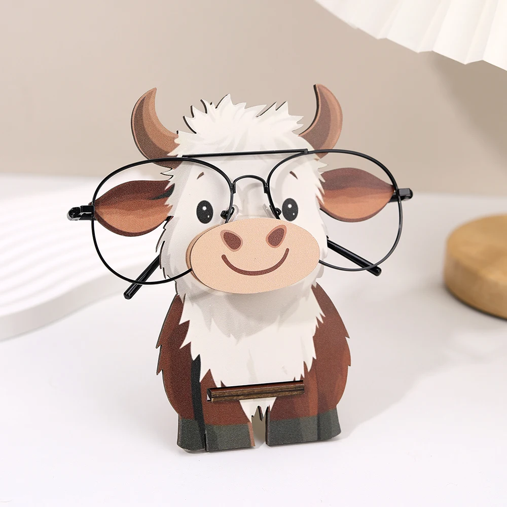 Wooden Highland Cow Eyeglass Holder & Fashion Glasses Display Stand Glasses Storage Rack Office Desk Decor Novel Home Decortion
