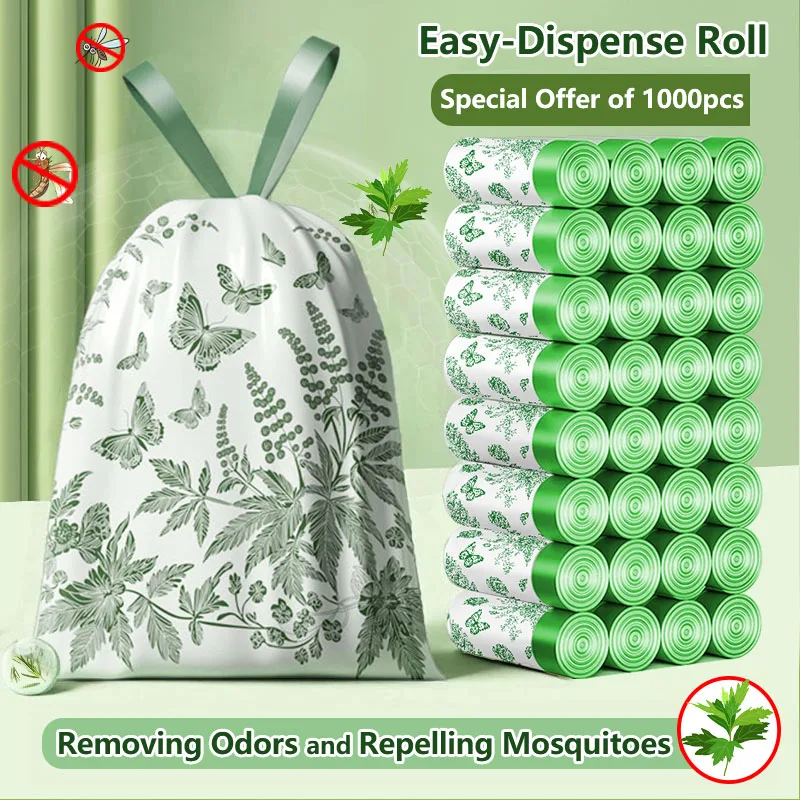 100PCS Drawstring Trash Bags Thickened Not Easy to Break Food Residue Processor Mugwort Scented Bathroom Kitchen Garbage Bags