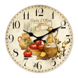 Retro Provence Olive Oil and Tomato Pattern Wooden Wall Clock Living Room Bedroom Kitchen Home Decoration Wall Clock Silent Quartz Clock Holiday Gift 10 Inches 12 Inches 14 Inches 16inch (Without Batteries)