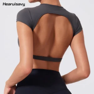 Hearuisavy Sports Shirts Workout Tops Fitness Activewear Female Quick-Dry Yoga Clothes Sport Crop Tops Backless Gym Top Women