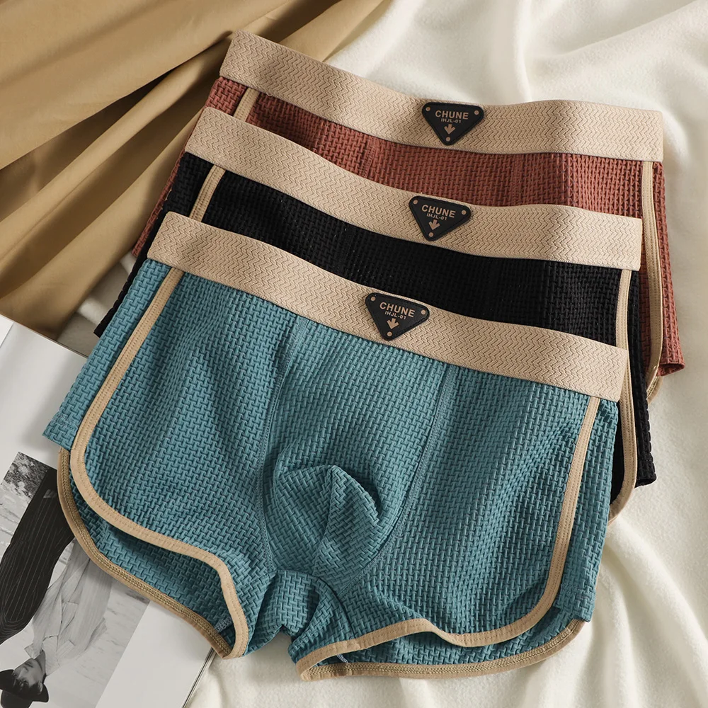 3PCS/Pack Fashion Ice Silk Knitted Plaid Boxers Breathable Comfort Mesh Crotch Underpants Super Soft High Elastic Men's Panties