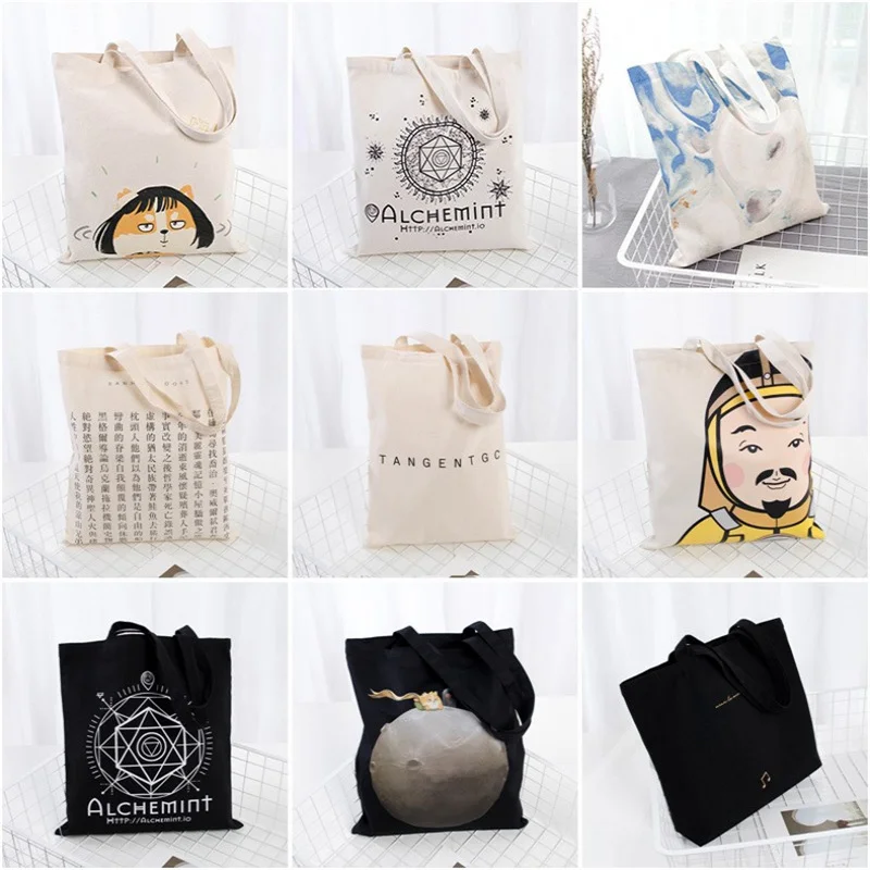 Large Capacity Canvas Shopping Bags Folding Eco-Friendly Cotton Tote Bags Reusable DIY Shoulder Bag Grocery Handbag Beige White - Image 6
