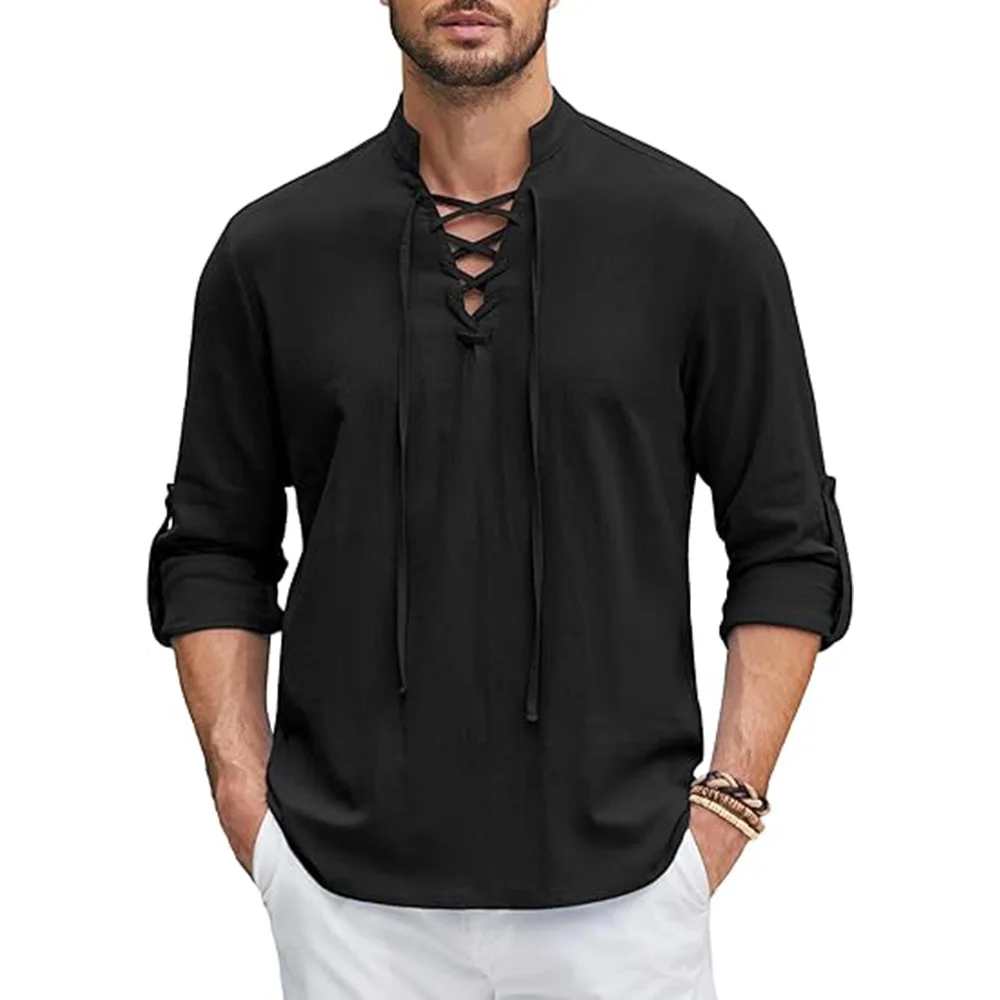 Men's Renaissance Shirt Pirate Medieval Viking top Cotton Linen Shirts Men Long Sleeved Halloween Costume - Image 4