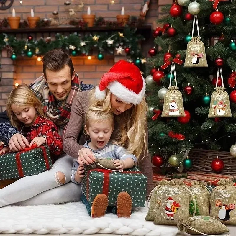 30/1Pcs Christmas Drawstring Bag Santa Claus Snowman Linen Candy Gift Packaging Bags Xmas Favor Bracelet Jewelry Storage Pouch - Image 5