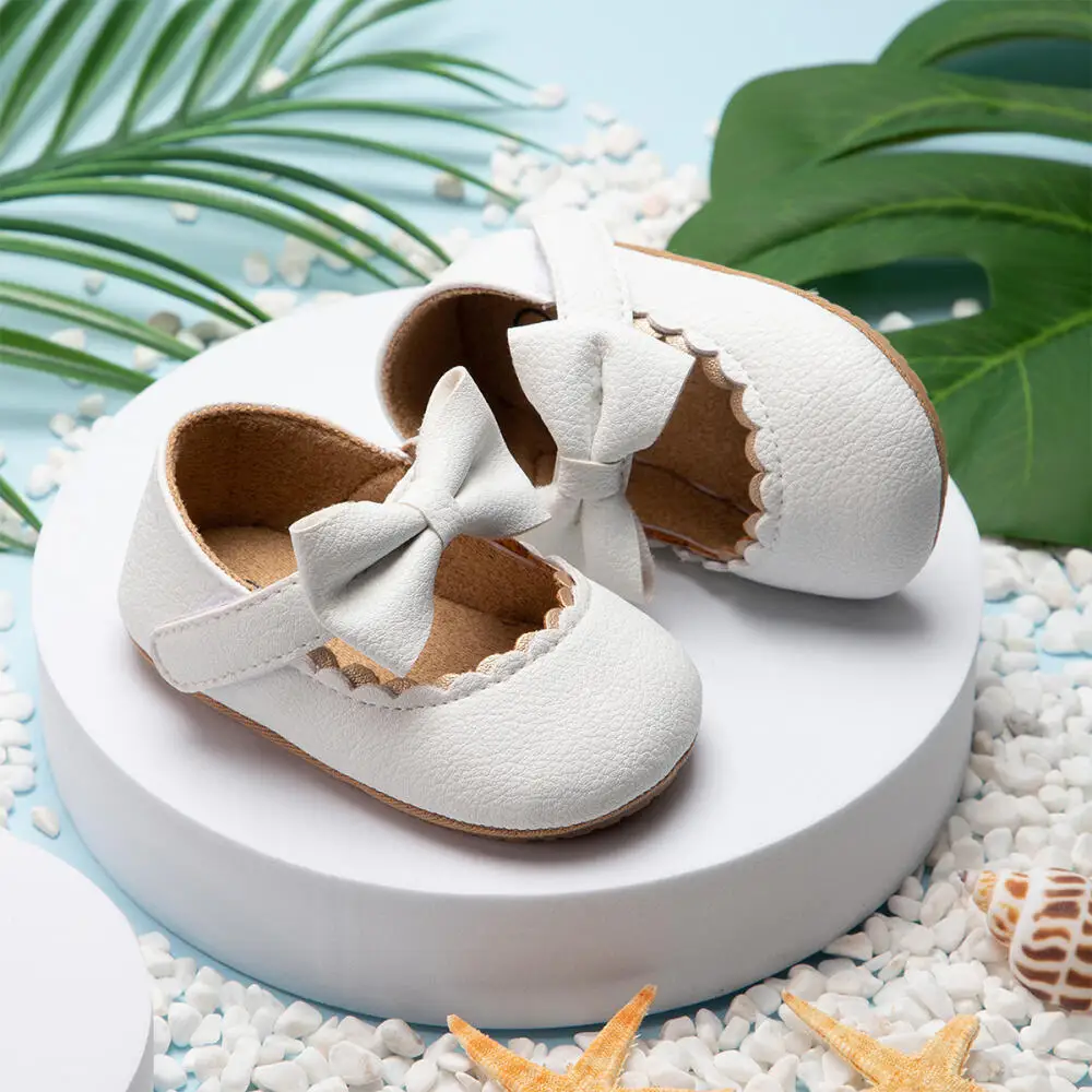 Retro New Newborn Baby Walking Shoes Spring Autumn Solid Color Bow Princess Shoes PU Anti-slip Soft Rubber Bottom Baby Casual - Image 2