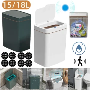 15/18L Smart Sensor Trash Can Waterproof Automatic Garbage Bin Smart Home Bathroom Trash Can Electronic Bagging White Green